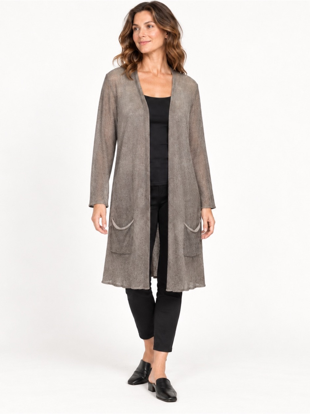 Gray 100% linen open front lightweight semi sheer duster cardigan sweater